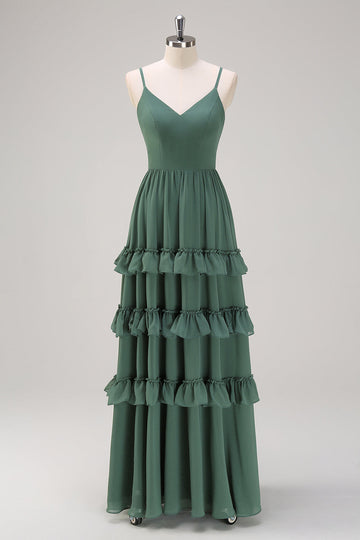 Vestido largo de dama de honor de gasa con tirantes de espagueti de eucalipto de línea A